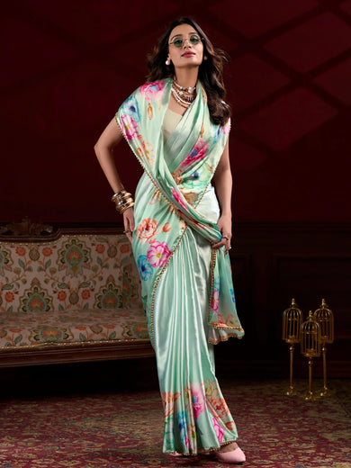 Regal Pista Green Floral Printed Satin Saree With Blouse